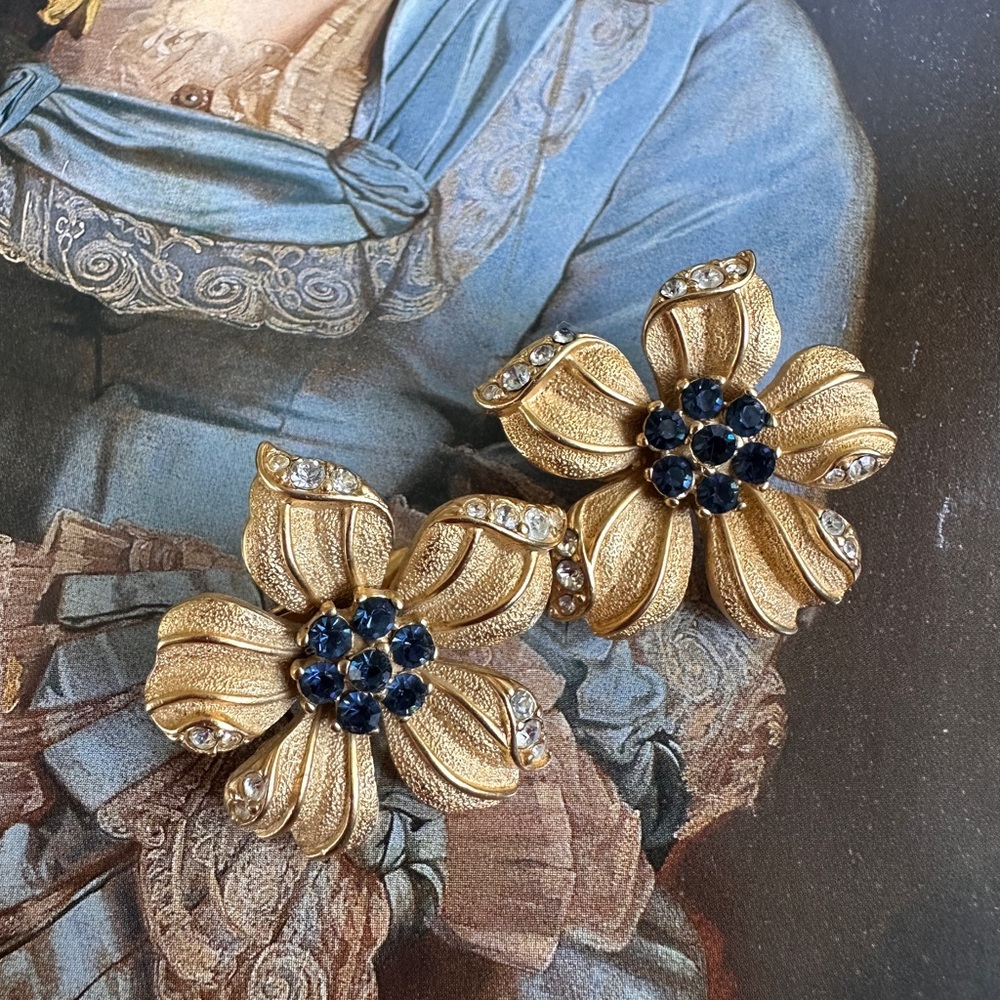 Crown Trifari Gold and Blue Floral Earrings
